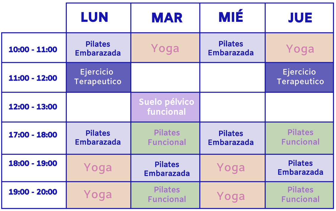 Horario actividades pilates, yoga, pilates embarazada